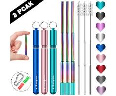 Jiamus zusammenklappbare Wiederverwendbare Trinkhalme, tragbarer Edelstahl-Trinkhalm mit faltbarem Reisehülle aus Roségold, Reinigungsbürste, Schlüsselbund und Silikontipps für Erwachsene und Kinder