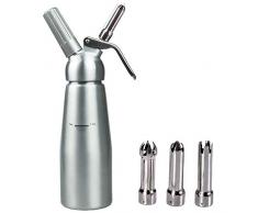 TAMUME Silber Sahnebereiter Edelstahlkörper - 0.5 Liter Professional Aluminium Sahnespender mit 3 Garniertüllen + Schrubber - benötigt Standard-Sahnekapseln N20 (Nicht enthalten)
