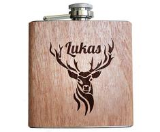 Flachmann aus Holz, mit Namens Gravur und Hirsch Kopf! Geweih Individuelle Geschenk Idee Jäger Männer