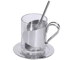Teeglas-Set mit 0,15 l-Glas, Halter und Löffel aus Edelstahl 18/10, Untersatz aus Edelstahl 18/0 / Inhalt: 0,15 l, Höhe: 8,5 cm | ERK