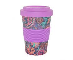 YogiCup2Go, Bambus Coffee-to-go-Becher mit OM-Print, berry, Bamboo-Cup als Mehrweg-Tasse für unterwegs, mit Silikon-Manschette und Schraubdeckel, 475 ml Fassungsvermögen