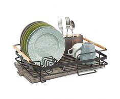mDesign Abtropfgestell aus Metall mit Holzgriffen – Geschirrabtropfgitter mit Besteckfach und Auffangschale – Geschirr Abtropfkorb für ein Lufttrocknen auf der Arbeitsplatte – mattschwarz/natur