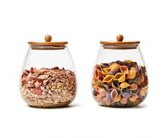 EZOWare 2er Set Glas Vorratsdosen, Runde Vorratsgläser Aufbewahrungsbehälter aus Borosilikatglas mit Bambusdeckel für Küche, Bad, Dekoration, Gewürze Aufbewahrung - 2000 ml, Groß