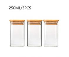250ml Quadratische Vorratsgläser - 3er Stapelbare Vorratsdosen Set – Vorratsbehälter aus Borosilikatglas -Glasbehälter Gewürzgläser mit Bambusdeckel –Ideal für Spaghetti, Gewürze, Süßigkeiten
