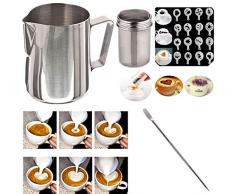 Edelstahl Aufschäumen von Milch Pitcher 12 Unzen Kaffee Schokolade Shaker Duster Puderzucker Pulver Kakao Mehlsieb 16 Stück Cappuccino Barista Coffee Art Stencils Pen lsmaa