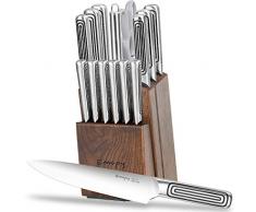 Emojoy Messerblock Messer Set, 15tlg Küchenmesser aus vollem Edelstahl, Messerset mit Holzblock, Kochmesser Set mit Wetzstahl und Schere, Einteiliger Messerkörper