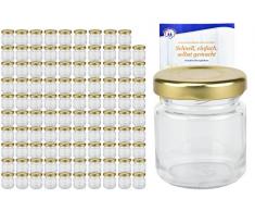 MamboCat 100er Set Rundgläser 53 ml Deckelfarbe gold TO 43 inkl. Diamant Gelierzauber Rezeptheft, Einmachgläser, Einkochgläser, Vorratsgläser, Mini Sturzgläser, Obstgläser, Portionsgläser, Gläser