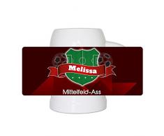 Fußball-Bierkrug mit Namen Melissa und Motiv Mittelfeld-Ass für Fußballerinnen