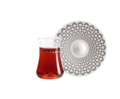 Teeglas und Unterteller aus Bone China mit silberner Verzierung Karomuster 165 ml 6er Set