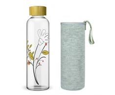 Wenburg Trinkflasche/Glasflasche mit Print und Bambus Deckel 550/750/1000 ml, Neopren Hülle. Sportflasche/Wasserflasche aus Glas. Für Unterwegs. Für Tee, Wasser, Smoothie (750 ml, Blume)