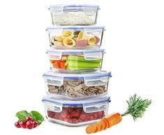 Sendez 10tlg. Frischhaltedosen Größe: 2x1L 2x800ml 1x500ml Glasbehälter Glas Lunchbox Vorratsdosen Brotdose luftdicht BPA-frei mit 4-fach-Klick-Verschluss Silikon-Dichtungsring