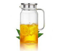 HwaGui Karaffe Borosilikatglas Glaskaraffe mit Edelstahl Deckel für Heißes/Kaltes Wasser und Saftgetränk, 1L/35oz