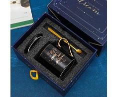 LINGHONG Keramikbecher, kreative männliche und weibliche Paartasse, Milchkaffeetasse, Haushaltstrinkbecher * 2-Schwarzer Prinz_Tasse + Deckel + Löffel