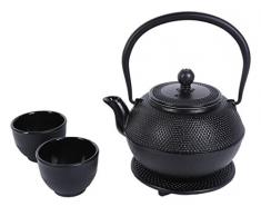 Gusseisen Teeservice im Japanischen Stil von Juvale – Teekanne mit Sieb aus Rostfreiem Edelstahl, Untersetzer und 2 Becher – Wärmespeichernd - Für Tee-Geniesser, als Geschenk - Schwarz,1200 ml