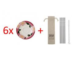 Villeroy & Boch Rose Sauvage Framboise Frühstücksuntertasse 6 Stück Nr. 1042371250 und 4er Set EKM Living Edelstahl Strohhalme
