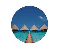 Rutschfreies Gummi-Rundmaus-Pad Kunst Malediven-Dock mit klarem Wasser Tropische Natur Polynesisches Wohndesign Dekor Dekorativ Azurblaue Türkiscreme 7,87 x 7,87 x 3 mm