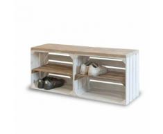 Home & Styling Schuhschrank aus Obstkisten weiß mit altem Regalbrett lang