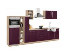 HELD MÖBEL Küchenzeile Samos mit E-Geräten Breite 350 cm mit Stangengriffen aus Metall, lila, aubergine Hochglanz/eiche