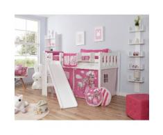 Ticaa Hochbett Ekki, weiß, Bettgestell: Buche weiß lackiert, Textilset: Prinzessin pink