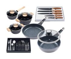 KING Pfannen-Set Moonscape, Aluminiumguss, (Set, 11 tlg.), Induktion, (3 Töpfe m. Glasdeckel, 2 Pfannen inkl. 1 Deckel, 5 Messer, Besteck-Set) grau Pfannensets Haushaltswaren