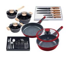 KING Pfannen-Set Moonscape, Aluminiumguss, (Set, 11 tlg.), Induktion, (3 Töpfe m. Glasdeckel, 2 Pfannen inkl. 1 Deckel, 5 Messer, Besteck-Set) rot Pfannensets Haushaltswaren