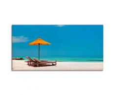 Artland Wandbild Liegestuhl Sonnenschirm Strand Malediven, Strand, (1 St.), in vielen Größen & Produktarten - Alubild / Outdoorbild für den Außenbereich, Leinwandbild, Poster, Wandaufkleber Wandtattoo auch Badezimmer geeignet blau Kunstdrucke Bilder...