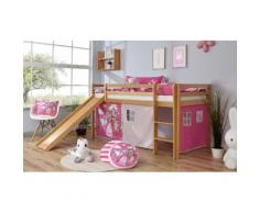 Ticaa Hochbett Rene, beige, Bettgestell: Buche natur lackiert, Textilset: Prinzessin pink