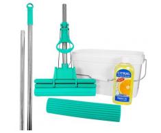 ABACUS Bodenwischer-Set GREEN MOP, (Set, 4 St.), Doppelwringer Wischmopp inkl. Ersatzschwamm, 10 L Eimer, 500 ml Orangenölreiniger, bekannt aus der TV Werbung bunt Wischer Reinigung Haushaltswaren