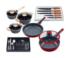 KING Pfannen-Set Moonscape, Aluminiumguss, (Set, 11 tlg.), Induktion, (3 Töpfe m. Glasdeckel, 2 Pfannen mit 1 Deckel, 5 Messer, Besteck-Set) rot Pfannensets Haushaltswaren