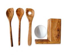 Olivenholz-erleben Kochbesteck-Set ALL-IN, (5 tlg., Utensilienbox-Keramikschälchen-Kochlöffel rund-Kochlöffel eckig-Risottolöffel), Inkl. Bestecke goldfarben Kochbesteck Besteck Messer Haushaltswaren