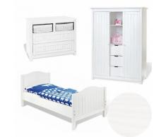 Komplett Jugendzimmer NINA groß, 3-tlg. (Jugendbett, breite Kommode und großer 2-türiger Kleiderschrank mit Mittelregal), massiv/Weiß lasiert