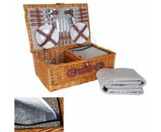Picknickkorb-Set HWC-B25 für 4 Personen, Weiden-Korb + Kühlfach + Picknickdecke, Porzellan Edelstahl, beige ~ Variantenangebot