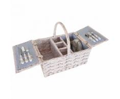 Picknickkorb-Set HWC-B12 für 4 Personen, Weiden-Korb, Porzellan Glas Edelstahl, grau ~ Variantenangebot