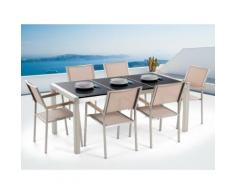 Gartenmöbel Set Naturstein schwarz poliert 180 x 90 cm 6-Sitzer Stühle beige GROSSETO