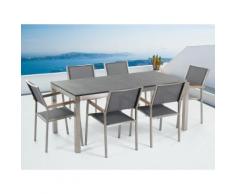 Gartenmöbel Set Naturstein schwarz geflammt 180 x 90 cm 6-Sitzer Stühle Textilbespannung grau GROSSETO