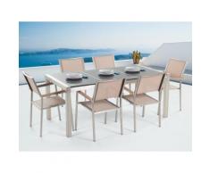 Gartenmöbel Set Granit grau poliert 180 x 90 cm 6-Sitzer Stühle Textilbespannung beige GROSSETO