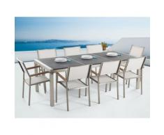 Gartenmöbel Set Naturstein schwarz geflammt 220 x 100 cm 8-Sitzer Stühle Textilbespannung weiss GROSSETO