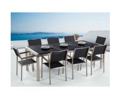 Gartenmöbel Set Naturstein schwarz poliert 220 x 100 cm 8-Sitzer Stühle Textilbespannung GROSSETO