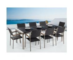 Gartenmöbel Set Naturstein schwarz poliert 220 x 100 cm 8-Sitzer Stühle Rattan GROSSETO