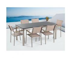 Gartenmöbel Set Naturstein schwarz poliert 180 x 90 cm 6-Sitzer Stühle Textilbespannung beige GROSSETO