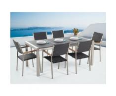 Gartenmöbel Set Naturstein schwarz geflammt 180 x 90 cm 6-Sitzer Stühle Rattan GROSSETO
