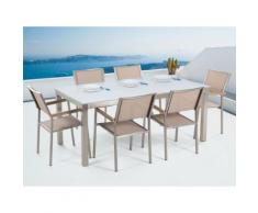 Gartenmöbel Set Glasplatte weiß 180 x 90 cm 6-Sitzer Stühle Textilbespannung beige GROSSETO