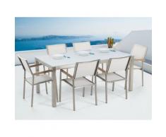 Gartenmöbel Set Glasplatte weiß 180 x 90 cm 6-Sitzer Stühle Textilbespannung weiss GROSSETO