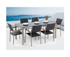 Gartenmöbel Set Glasplatte schwarz 180 x 90 cm 6-Sitzer Stühle Rattan schwarz GROSSETO
