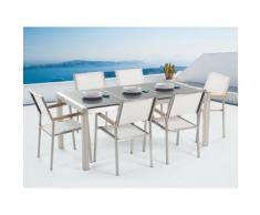 Gartenmöbel Set grau Granit poliert 180 x 90 cm 6-Sitzer Stühle Textilbespannung weiß GROSSETO