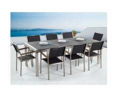 Gartenmöbel Set Naturstein schwarz geflammt 220 x 100 cm 8-Sitzer Stühle Textilbespannung GROSSETO