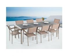 Gartenmöbel Set Naturstein schwarz geflammt 220 x 100 cm 8-Sitzer Stühle beige Textilbespannung GROSSETO