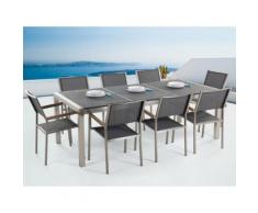 Gartenmöbel Set Naturstein schwarz geflammt 220 x 100 cm 8-Sitzer Stühle Textilbespannung grau GROSSETO