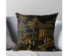 BLACK AND GOLD PAGODAS ORIENTAL SILK BONSAI DESIGN Throw Pillow