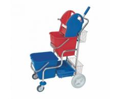 CleanSV® verchromter Putzwagen mit Prodi Mopresse, 2 Gitterkörben, 1 Ablage und 2 Plastikeimer